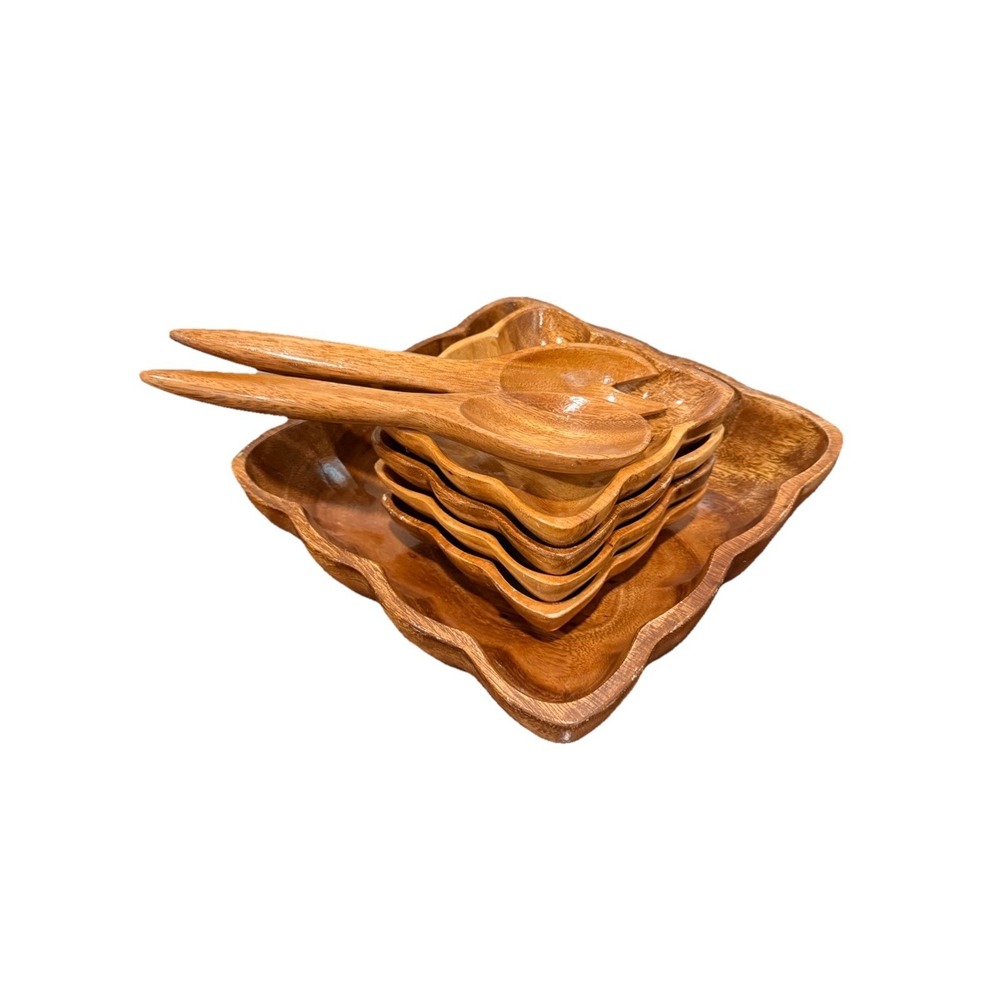 Vintage Wooden Square Salad Bowl Set Utensils Flower Shape Scalloped - 7 Pcs